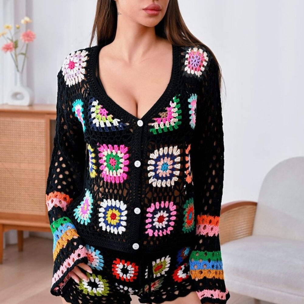 Boho Chic Black Crochet Cardigan Top Sweater Extra-Long Sleeves Size Medium
